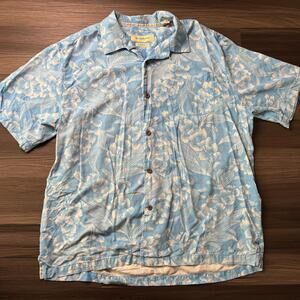 Tommy Bahama Silk Men's Hawaiian Shirt Button Down Light Blue Floral Size XL